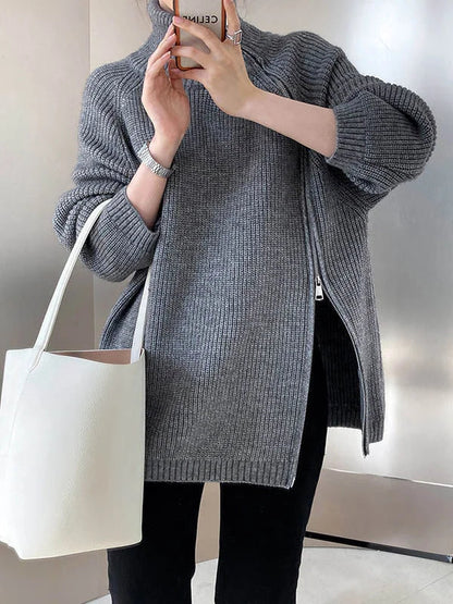Jersey de cuello alto extragrande para mujer con cremallera lateral | Ideal para otoño/invierno