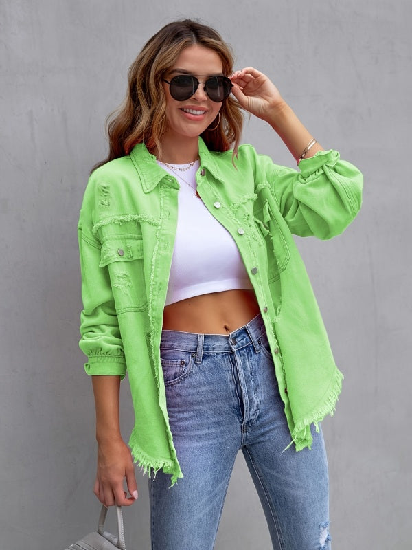 Multicolor Raw Hem Denim Jacket