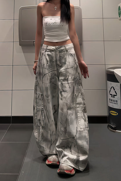 Distressed Dyed Curved Wide Leg Denim Pants