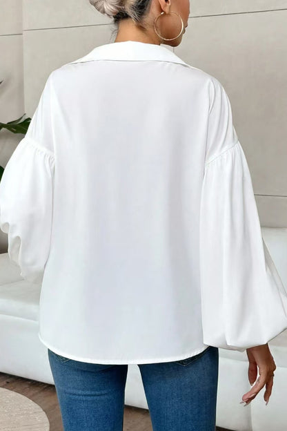 Stylish Polka Dot Print Collared Puff Sleeve Loose Shirt