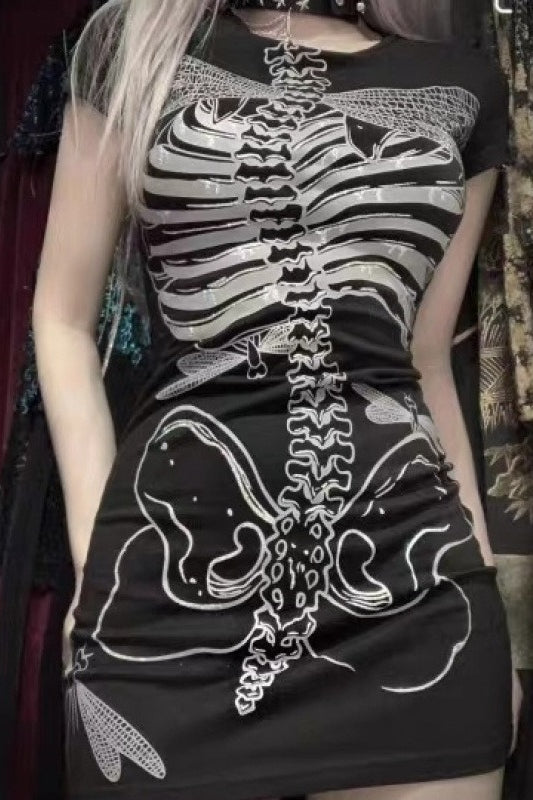 Dark Gothic Skeleton Bone Print Sheer Slim Dress