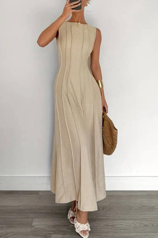 Solid Color Round Neck Sleeveless Elegant Pleated Casual Maxi Dress