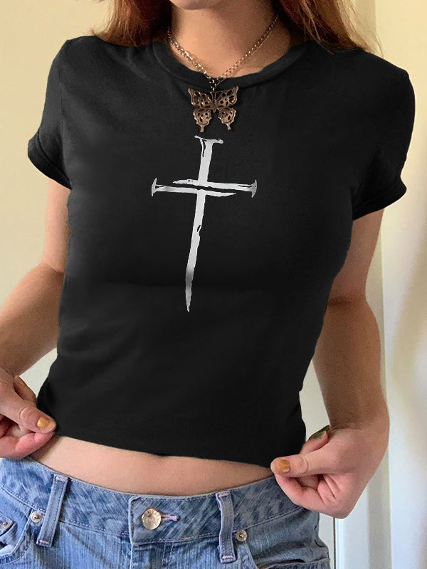 Cross Print Slim Short Sleeve Tee