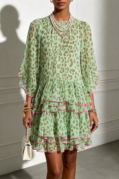 Amara Green Leopard Print Tiered Ruffle Mini Dress