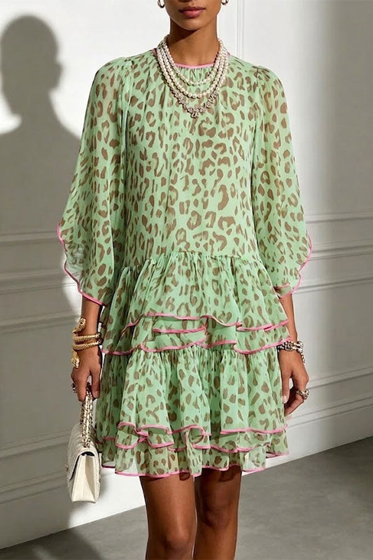 Amara Green Leopard Print Tiered Ruffle Mini Dress