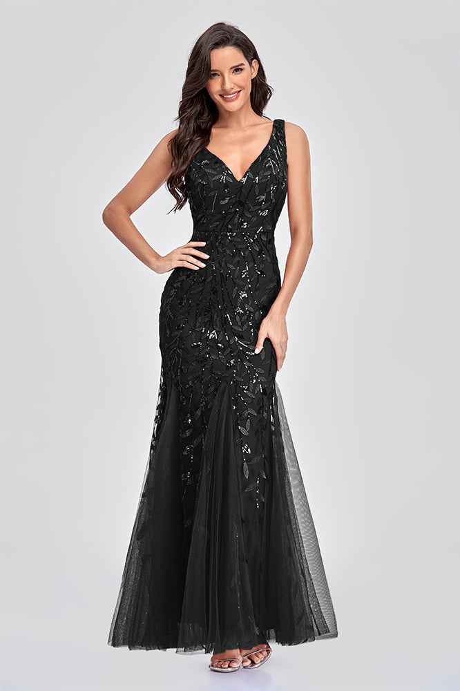 V Neck Sheer Embroidered Sequin Sexy Prom Dress
