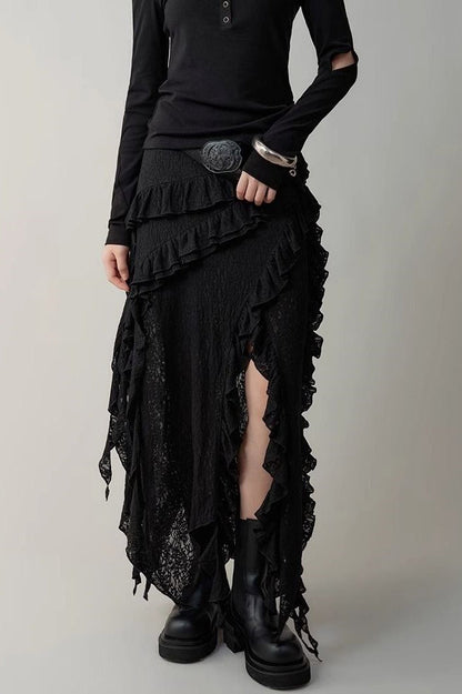 Asymmetric Wool Blend Black White Maxi Skirt