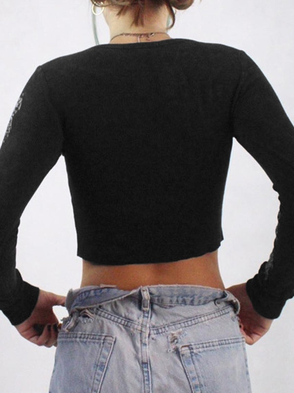 Butterfly Rhinestone Print Crop Long Sleeve Tee
