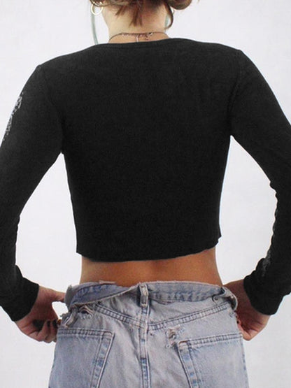 Butterfly Rhinestone Print Crop Long Sleeve Tee