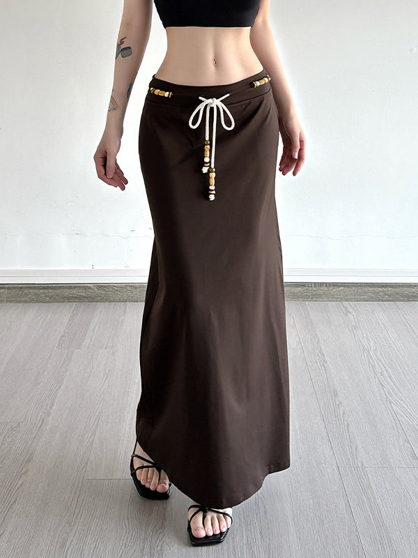 Retro Brown Beaded Lace-Up Maxi Skirt