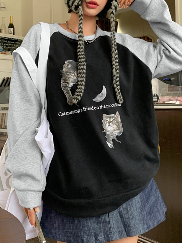 Cat Print Raglan Fleece Oversized Hoodie