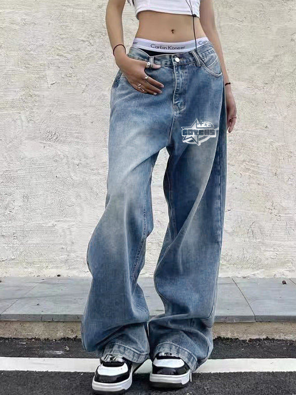 Washed Print Mopping Boyfriend Jeans