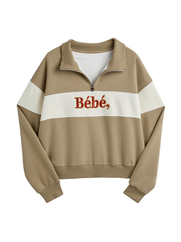 Color Block Splice Letter Embroidery Print Sweatshirt
