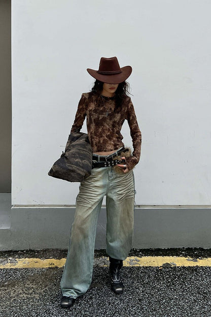 Leopard Print Flocked Slim Long-Sleeve Blouse