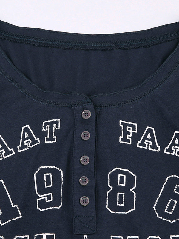 Number Letter Print Breasted Slim Long Sleeve Tee