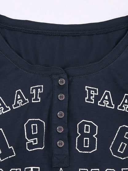 Number Letter Print Breasted Slim Long Sleeve Tee