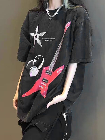 Guitar Print Oversized Short Sleeve Tee