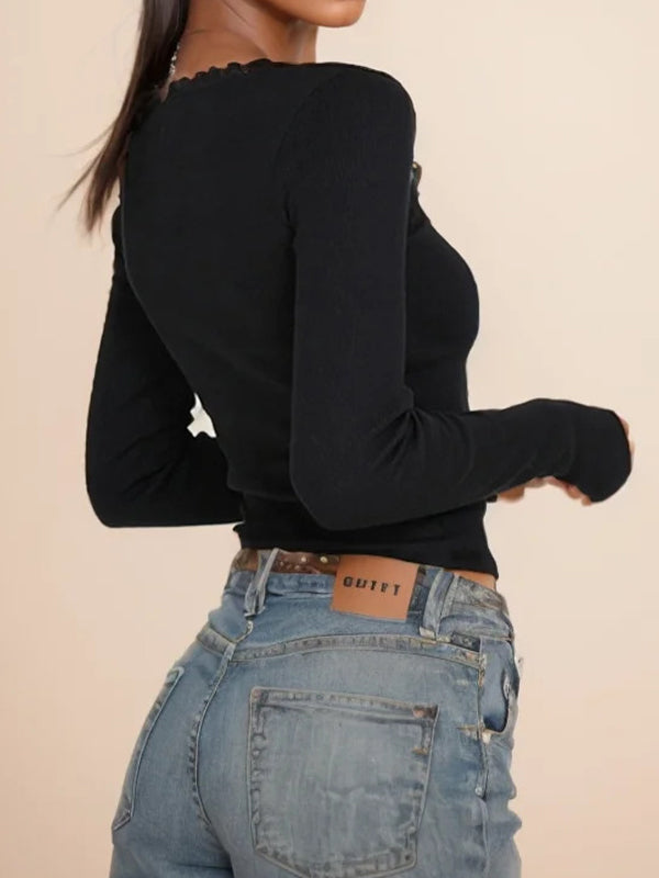 Solid Color Lace Stitching Slim Fit Long Sleeve Knits