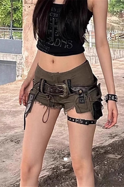 Vintage Army Green Denim Fringe Shorts