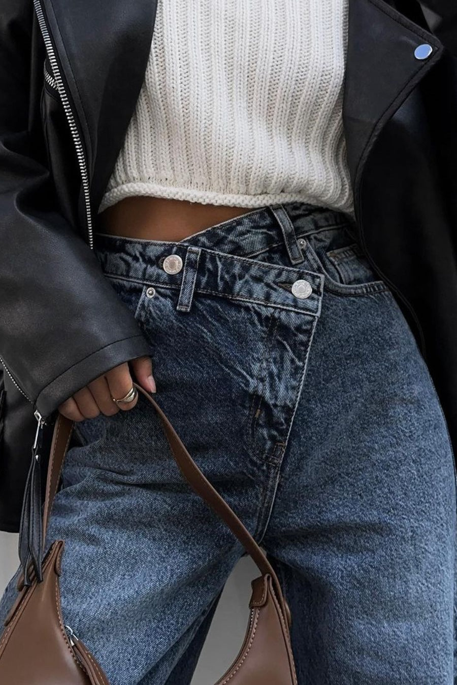 High Waist Asymmetrical Waist Split Straight Jeans