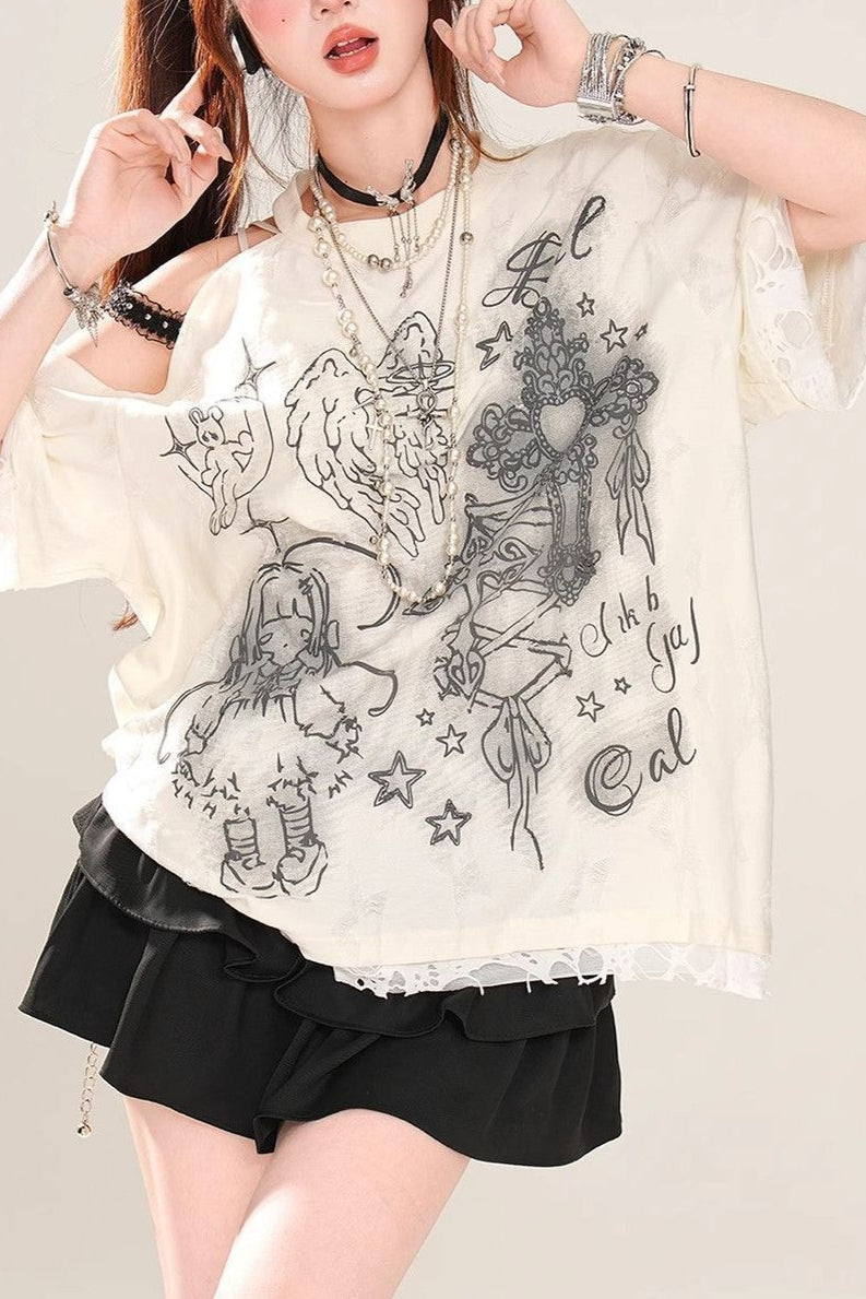Lace Cold Shoulder Oversized T-Shirt