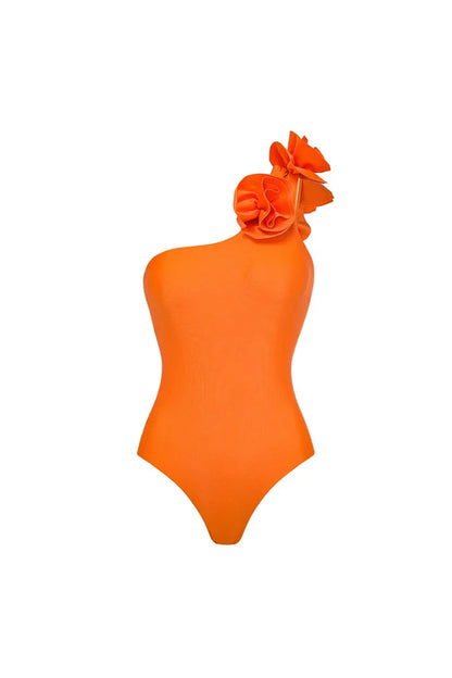 3D Floral Glossy Solid Swimsuit Set