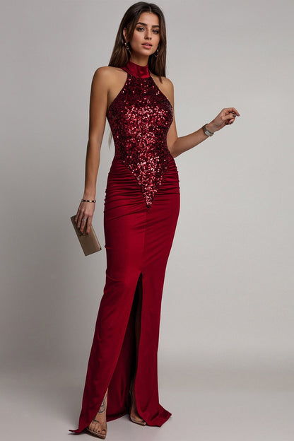 Velvet Sequin Slit Midi Bodycon Dress