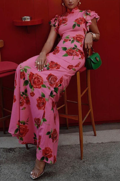 Elegant party cheongsam style rose print layered flared sleeve elastic long skirt