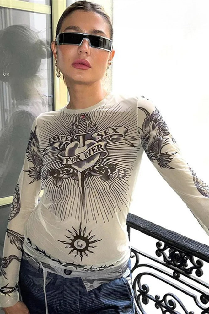 Y2K Punk Graphic Full Sleeve See Through T-shirt