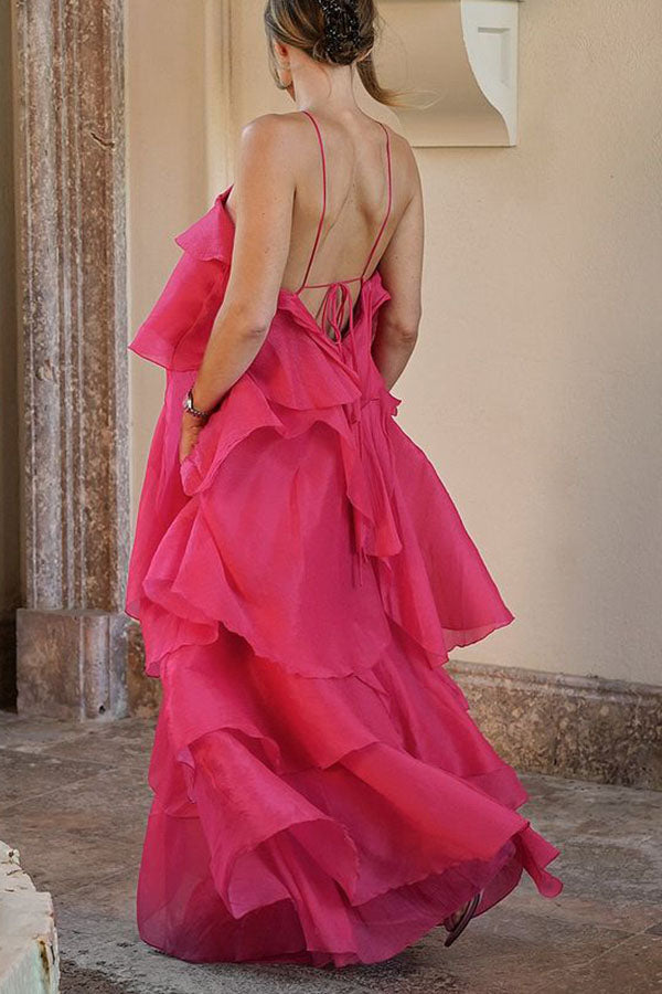 Romantic Summer Chiffon Tiered Ruffle Deep V-Back Halter A-line Maxi Design