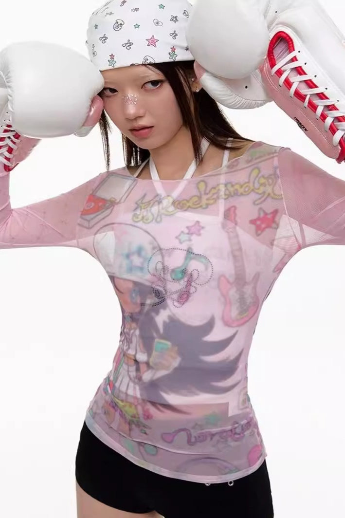Y2K Spicy Girl Off-Shoulder Print Mesh Top