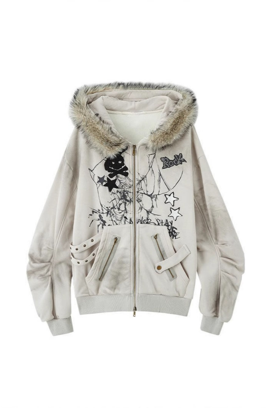 Niche Design Y2K Rabbit Ear Hooded Furry Collar Fleece Coat