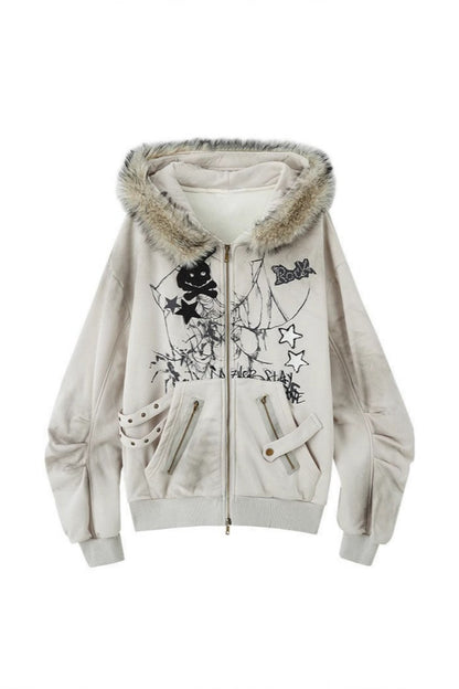 Niche Design Y2K Rabbit Ear Hooded Furry Collar Fleece Coat