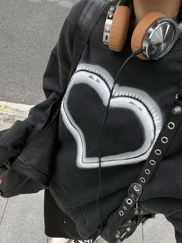 Distressed Heart Print Crew Neck Sweatshirt