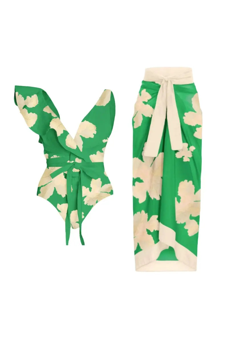 Conjunto de traje de baño con estampado de cinturón y falda cruzada