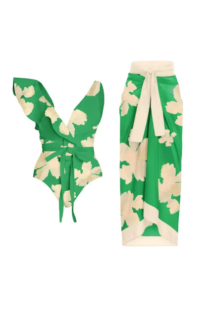 Conjunto de traje de baño con estampado de cinturón y falda cruzada