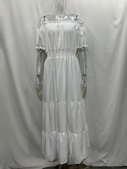 Off Shoulder Smocked Maxi Dress For Women - Boho Tiered A-Line Beach Gown with Puffy Sleeves - Summer Vacation 2026