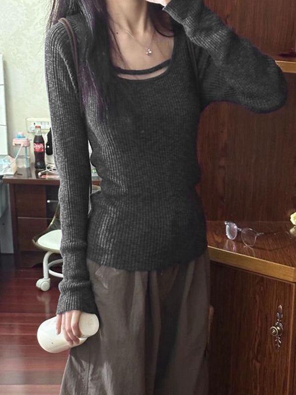 Solid Rib Slim Long Sleeve Knit