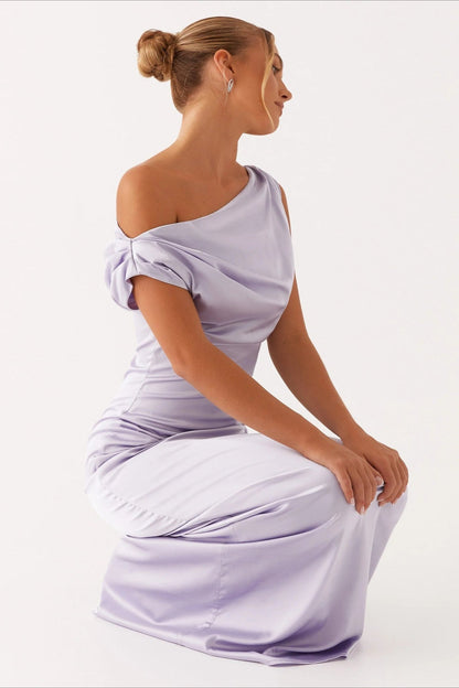Solid Asymmetric Neckline Formal Dress