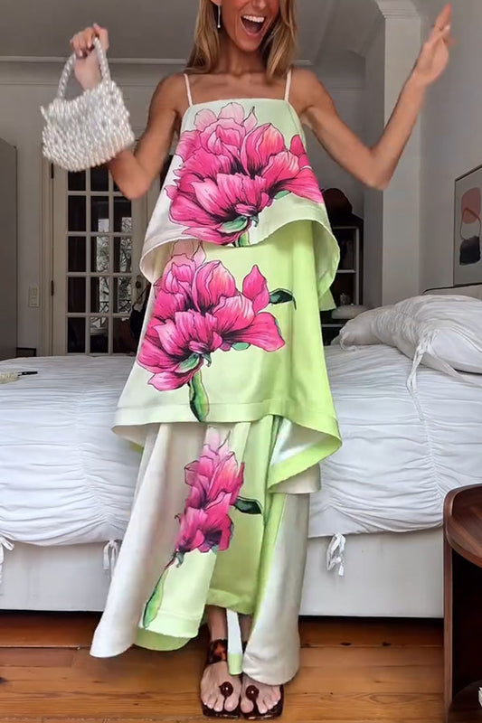 Elisia Satin Color Block Flower Print Tiered Slip Square Neck A-line Maxi Dress