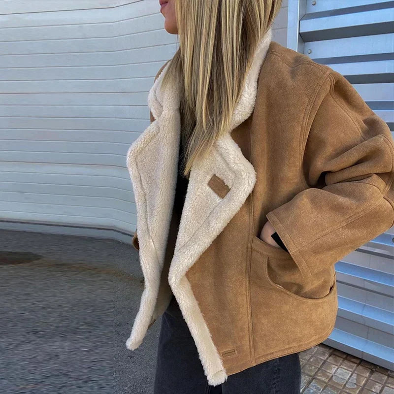Fashion Lamb Woolen Spliced Warm Coat For Women Vintage Side Buttons Lapel Full Sleeve Jackets Lady Autumn Winter Thick Outwear