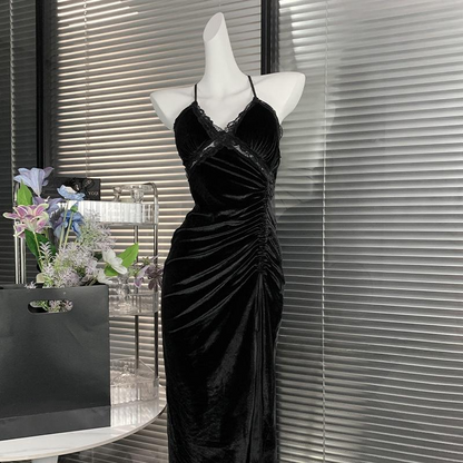 V neck butterfly applique ruched velvet cami maxi dress  | Festival Outfits Women