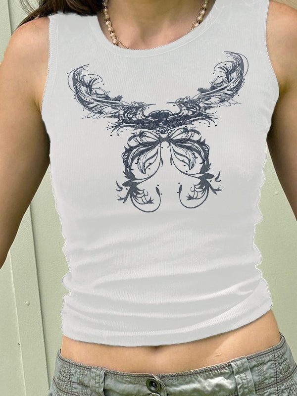 Vintage Butterfly Print Ribbed Tank Top