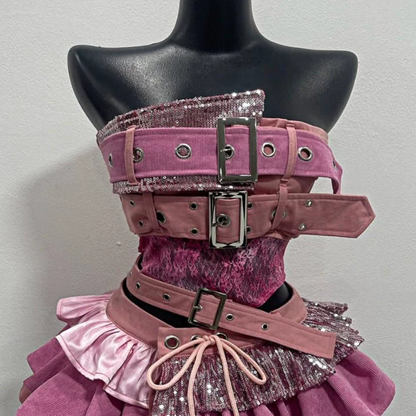 Glitter buckle patchwork ruffle mini skirt set  | Festival Outfits Women