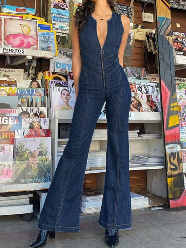Backless Zip Up High Rise Denim Jumpsuits