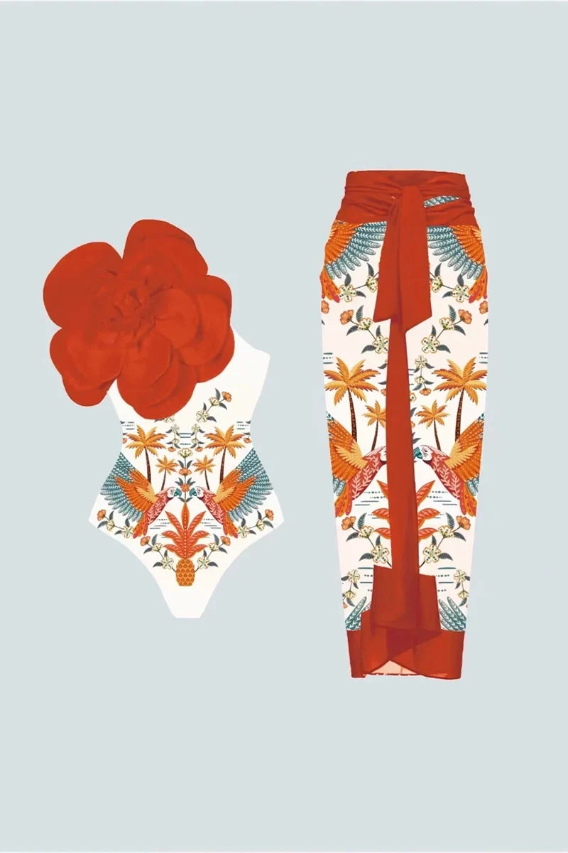 Traje de baño de una pieza con estampado floral y detalle de flores en 3D