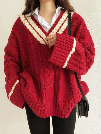 Contrast Color V Neck Cable Knit Sweater