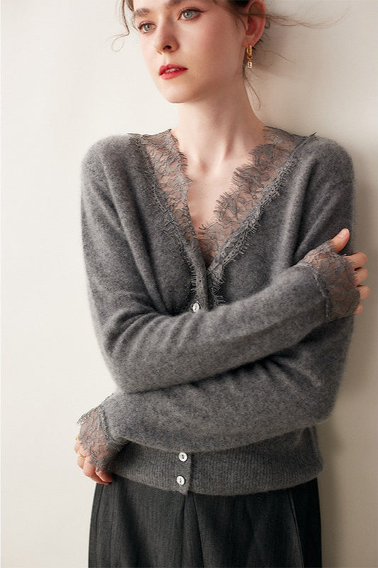 Cashmere Lace-Trimmed V-Neck Knit Cardigan