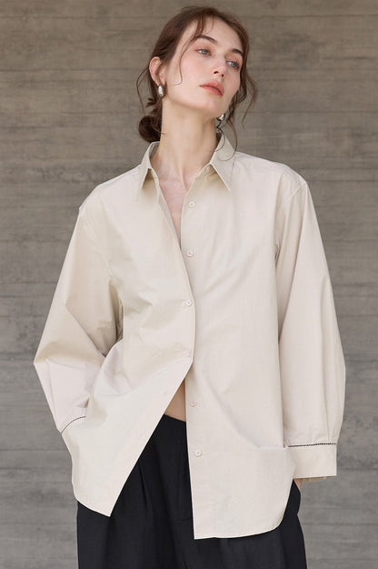 White High-Density Cotton Long-Sleeve Collared Blouse