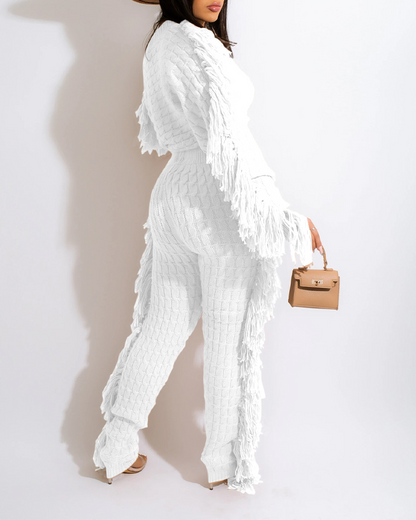 Knitted Long-Sleeved Tassel Suit